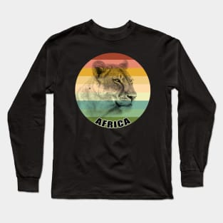 Powerful Lioness Close-up on Vintage Retro Africa Sunset Long Sleeve T-Shirt